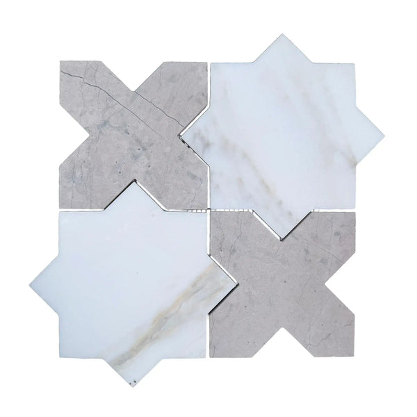 Calacatta verde royale marrakech marble mosaic tile 12x12 honed with white and gray star and cross patterns