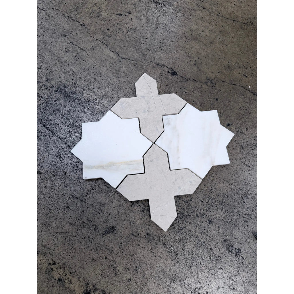 Calacatta Verde Royale 12x12 honed marble mosaic tile with white and light gray star-shaped geometric pattern