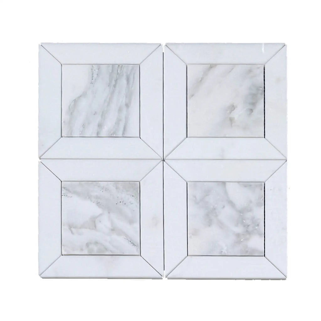 Calacatta verde royale multi finish square marble mosaic tile with white marble geometric panel design and light borders