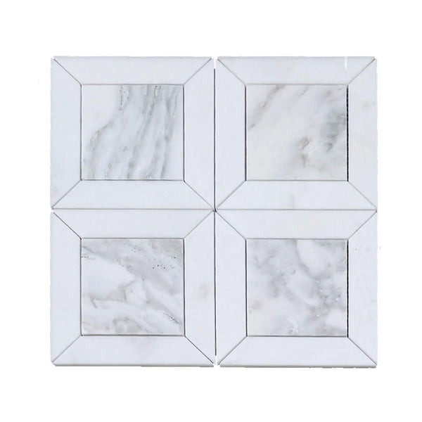 Calacatta verde royale multi finish square marble mosaic tile with white marble geometric panel design and light borders