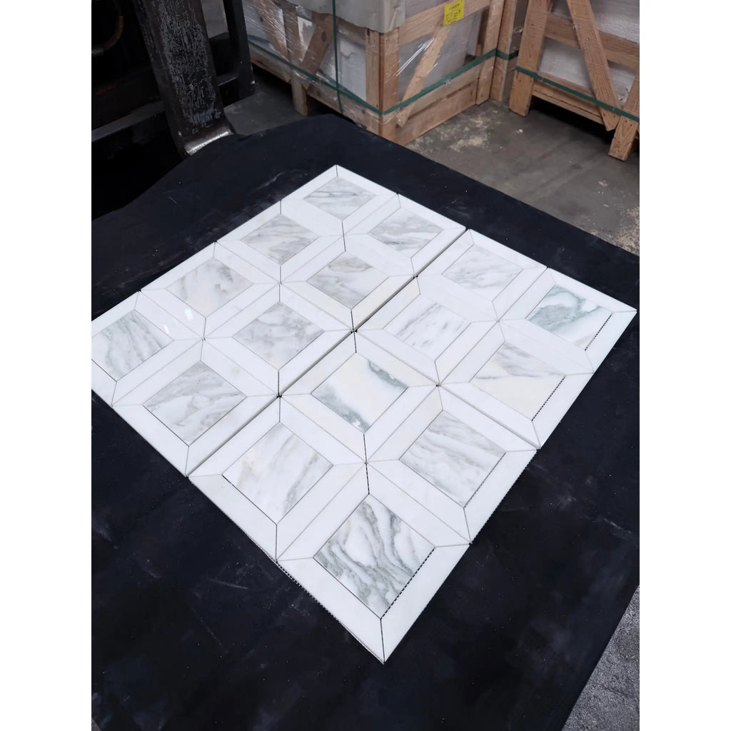 White marble mosaic tile calacatta verde royale with geometric squares and diamonds and natural gray veining