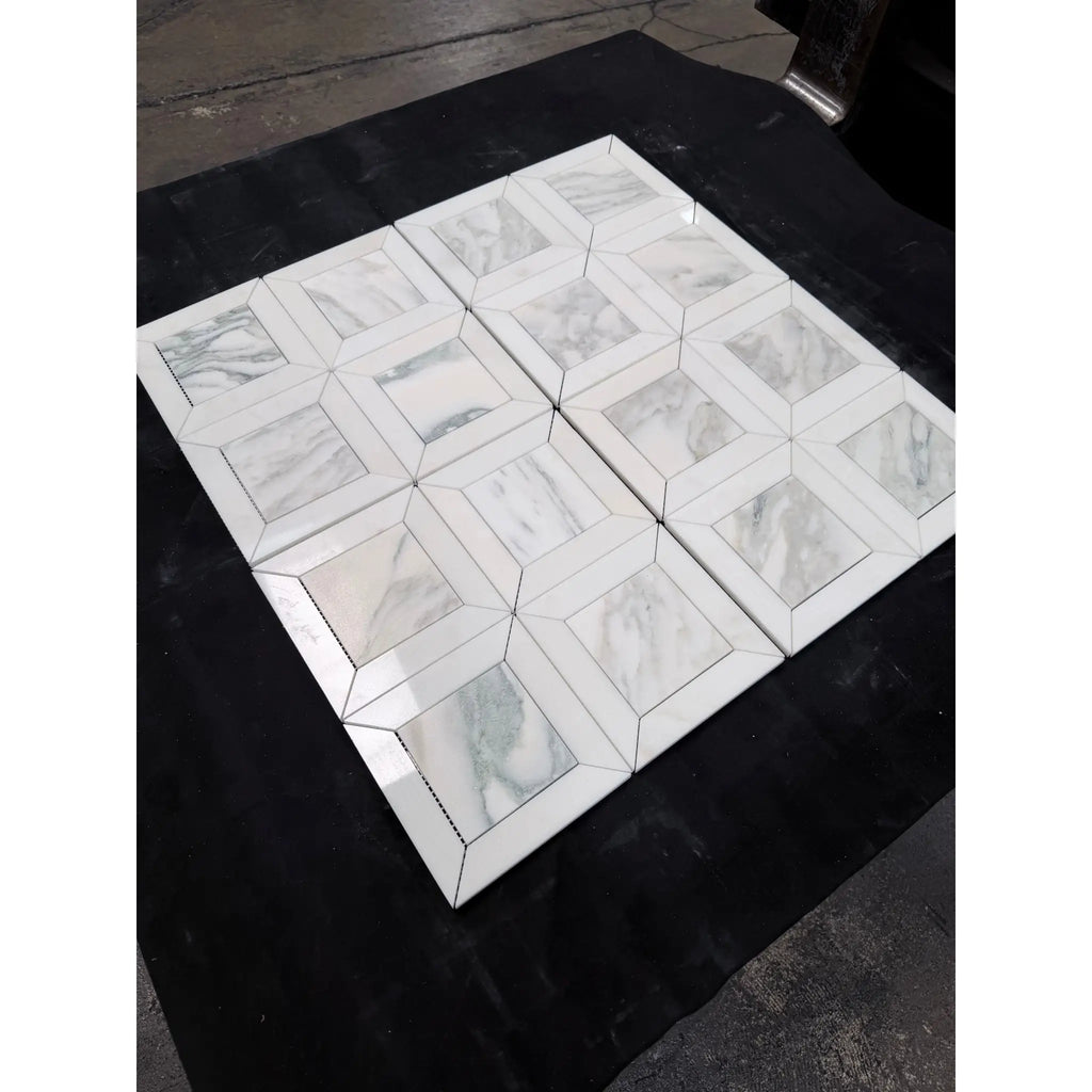 White marble mosaic tile panel calacatta verde royale with geometric pattern and subtle gray veining