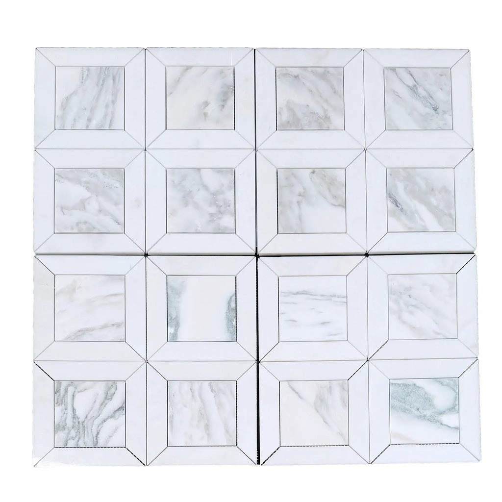 White marble-effect calacatta verde royale multi finish square mosaic tile panel with geometric framed design