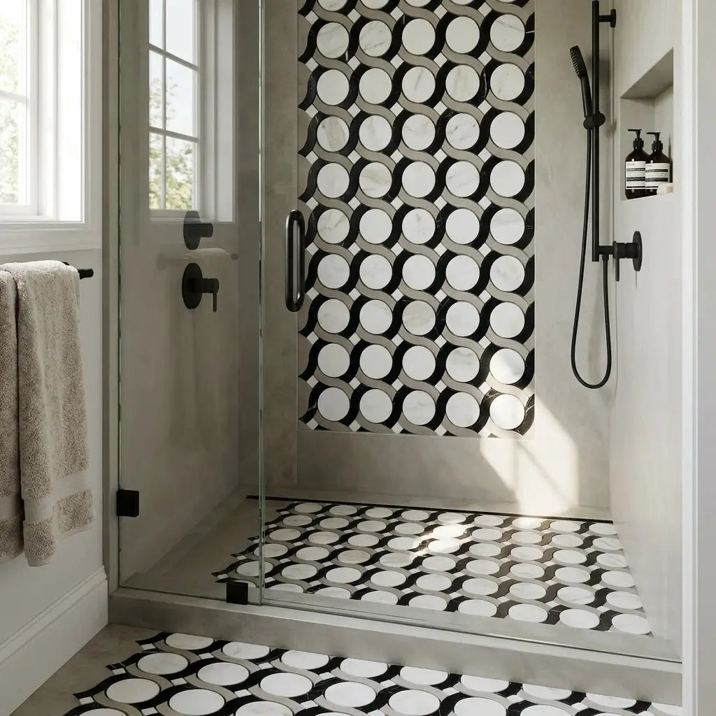 Black and white circular calacatta verde royale noble ring marble mosaic tile 12x12 honed on shower wall and floor