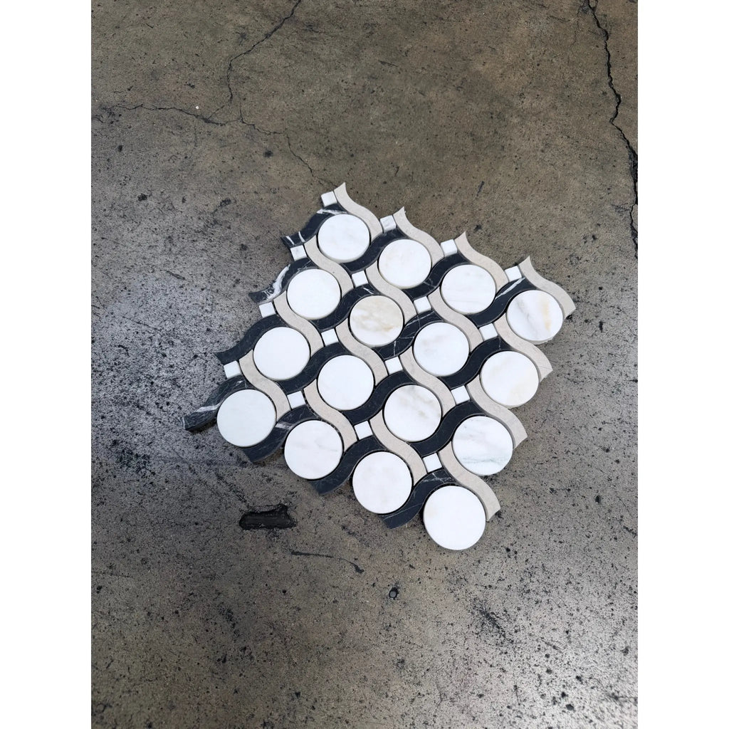 Calacatta verde royale noble ring marble mosaic tile 12x12 honed with black and white flowing interlocking pattern