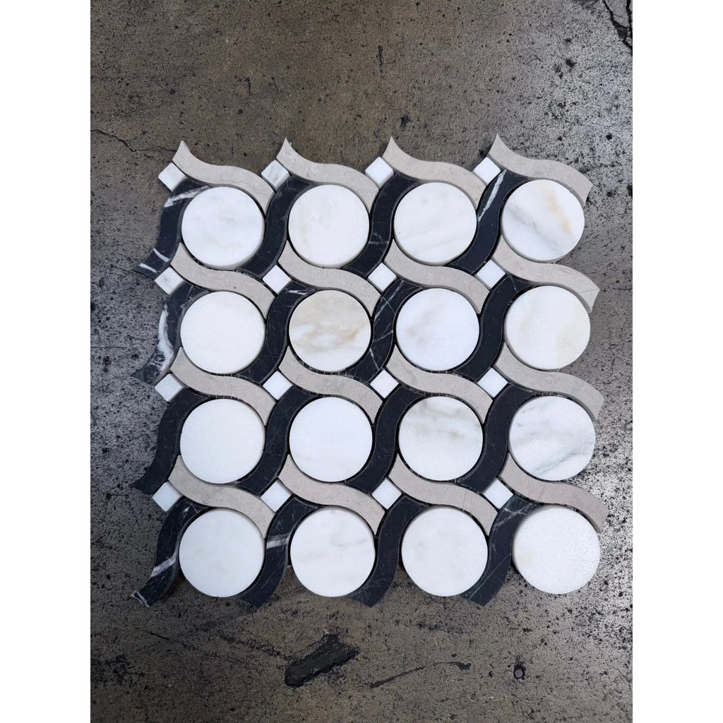 Calacatta verde royale noble ring marble mosaic tile 12x12 honed featuring black and white interlocking circular pattern