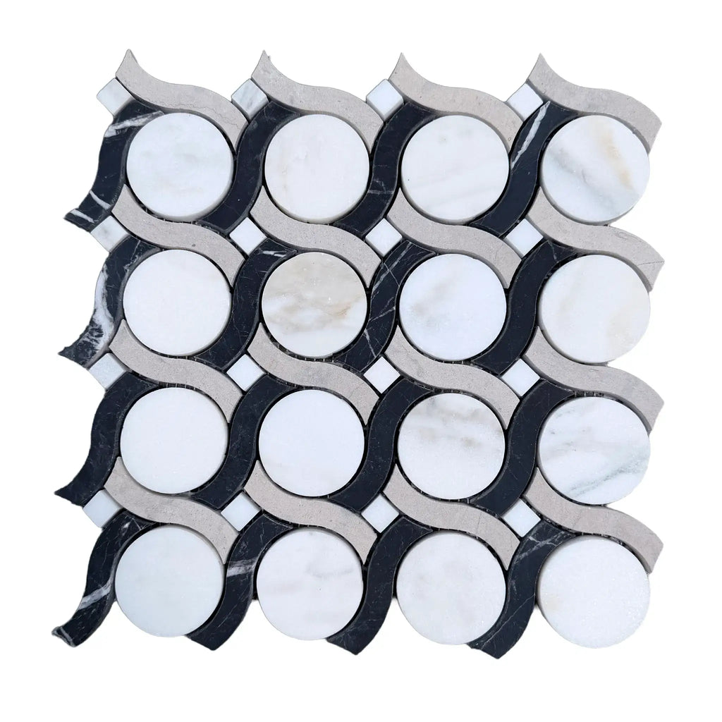 Calacatta verde royale noble ring marble mosaic tile 12x12 honed with black and white flowing circular pattern