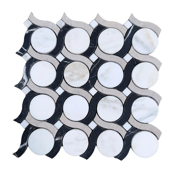Calacatta verde royale noble ring marble mosaic tile 12x12 honed with black and white flowing circular pattern