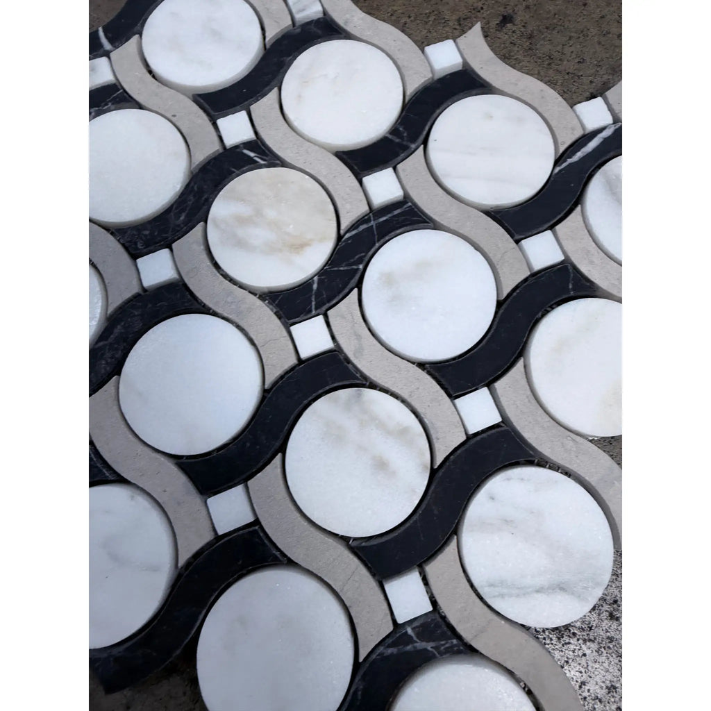 Calacatta verde royale noble ring marble mosaic tile 12x12 honed with black and white flowing interlocking pattern