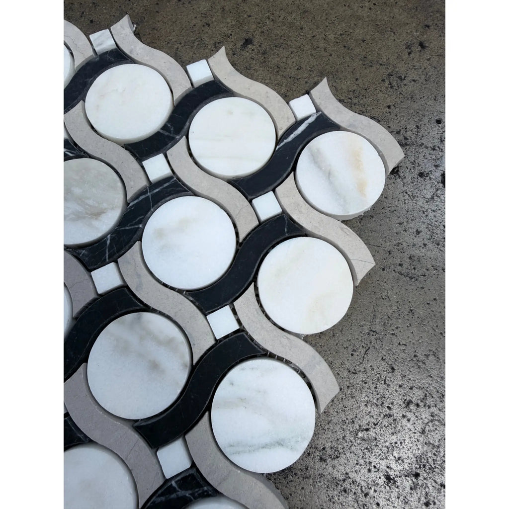 Calacatta verde royale noble ring marble mosaic tile 12x12 honed with white and black curved interlocking patterns