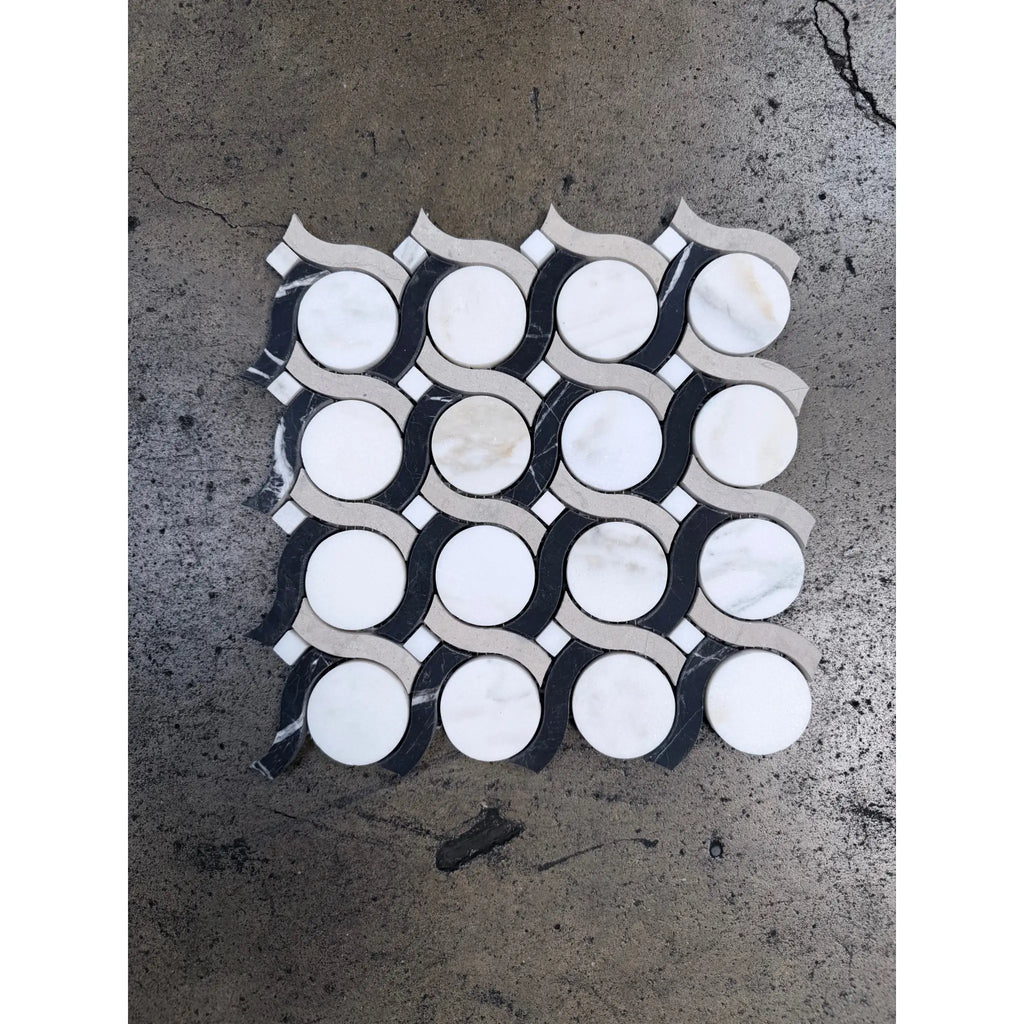 Calacatta verde royale noble ring marble mosaic tile 12x12 honed with black and white flowing interlocking pattern