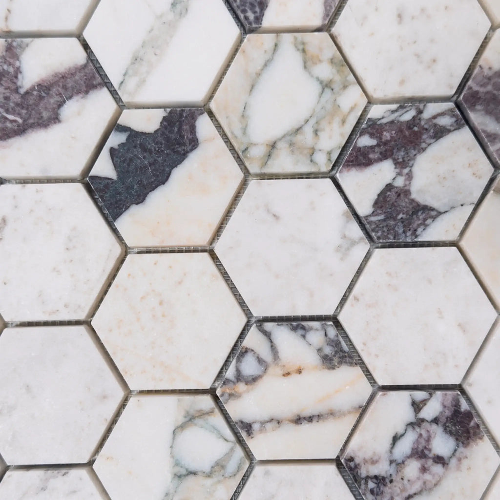 Hexagonal marble mosaic tiles in Calacatta Viola 2-inch polished or honed finish