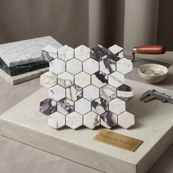 Hexagonal Calacatta Viola marble mosaic tile with white base and swirling purple and black veining in polished or honed finish