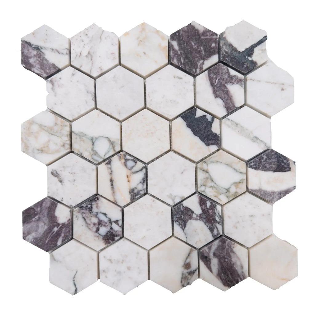 Calacatta Viola 2 inch Hexagon Polished and Honed Marble Mosaic Tile Display