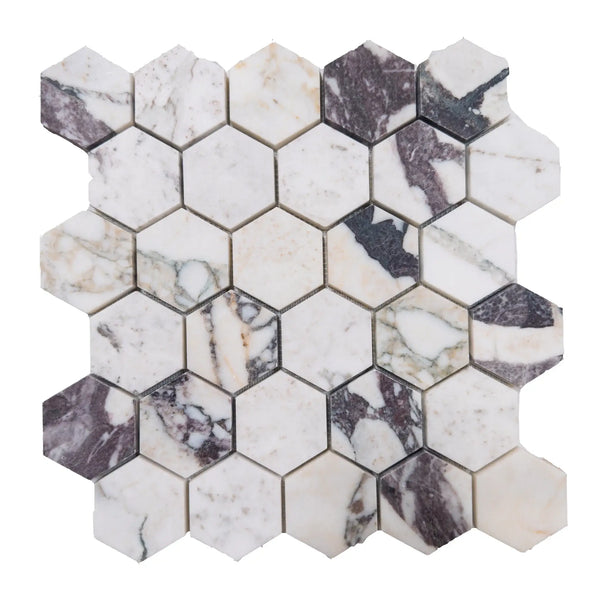 Calacatta Viola 2 inch Hexagon Polished and Honed Marble Mosaic Tile Display