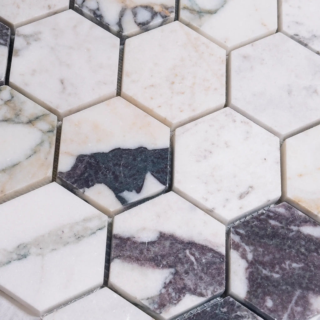 Calacatta Viola 2 inch Hexagon Polished or Honed Marble Mosaic Tiles Display