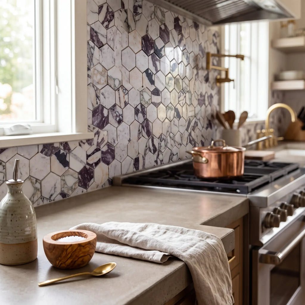 Calacatta viola 2 inch hexagon polished marble backsplash tiles in white and deep purple pattern