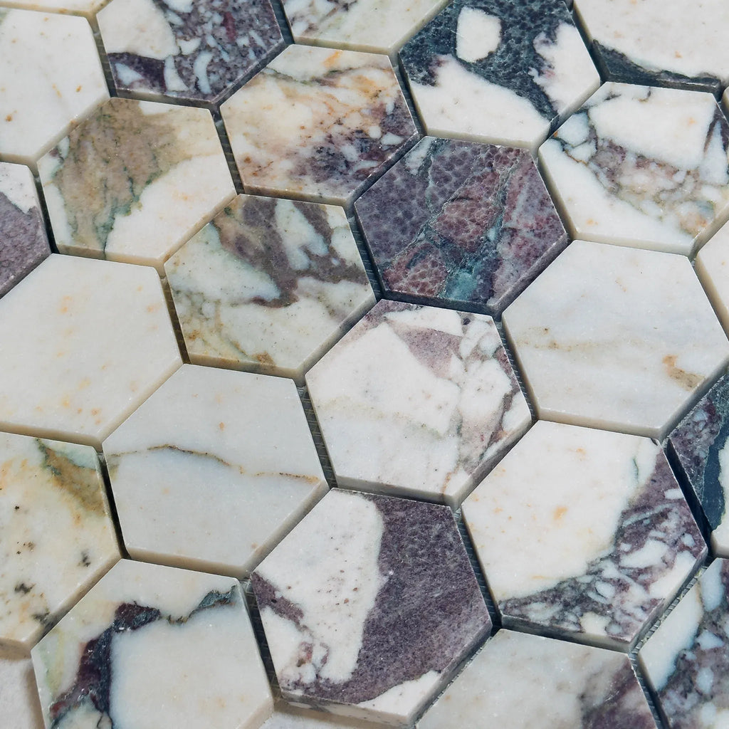 Calacatta Viola 2 Inch Hexagon Polished or Honed Marble Mosaic Tiles Display