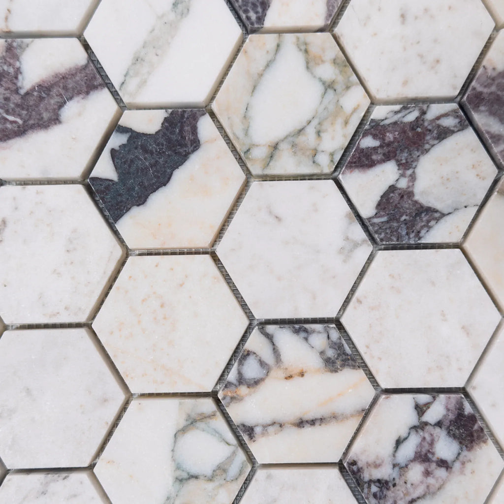 Hexagonal marble mosaic tiles in Calacatta Viola 2-inch polished or honed finish