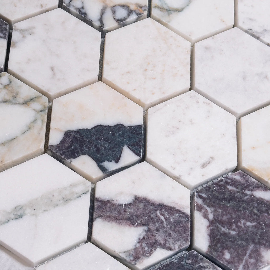Calacatta Viola 2 inch Hexagon Polished or Honed Marble Mosaic Tiles Display