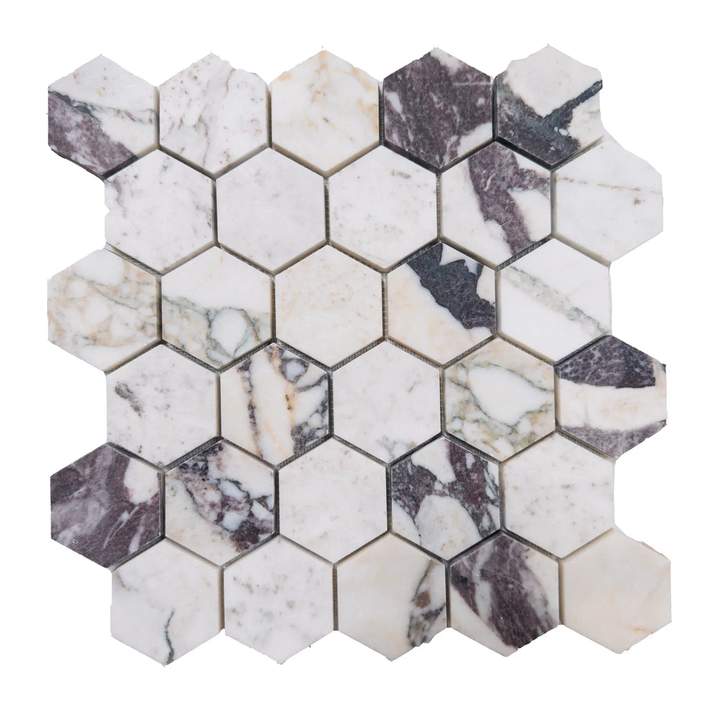 Calacatta Viola 2 inch Hexagon Polished and Honed Marble Mosaic Tile Display
