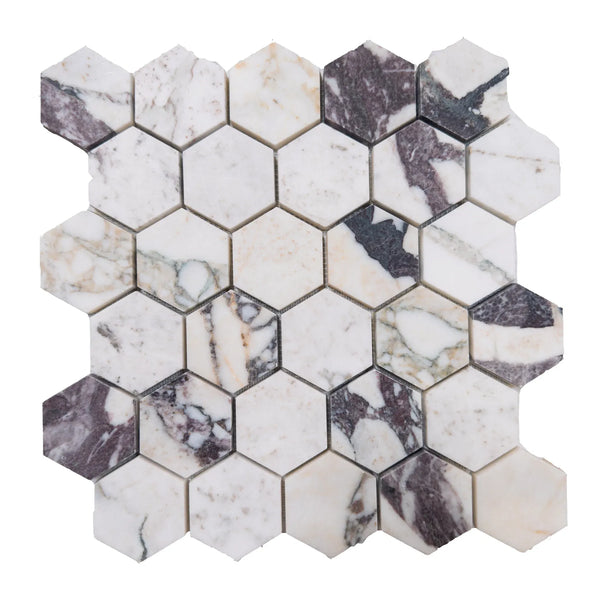 Calacatta Viola 2 inch Hexagon Polished and Honed Marble Mosaic Tile Display