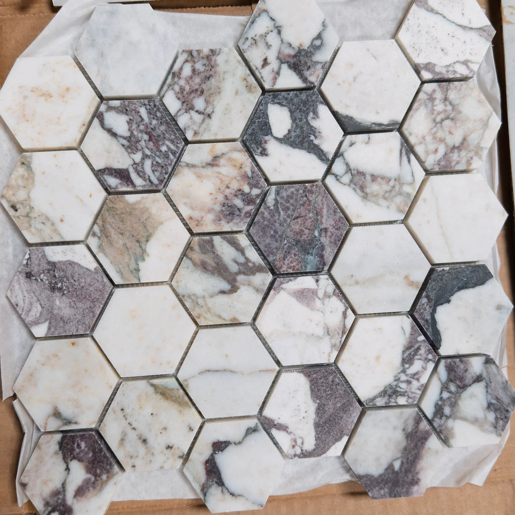 Calacatta Viola 2-inch Hexagon Polished or Honed Marble Tile Mosaic Display