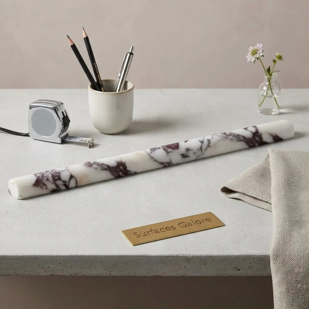 A sleek cylindrical calacatta viola imperiale marble pencil liner trim with white base and dark purple veining