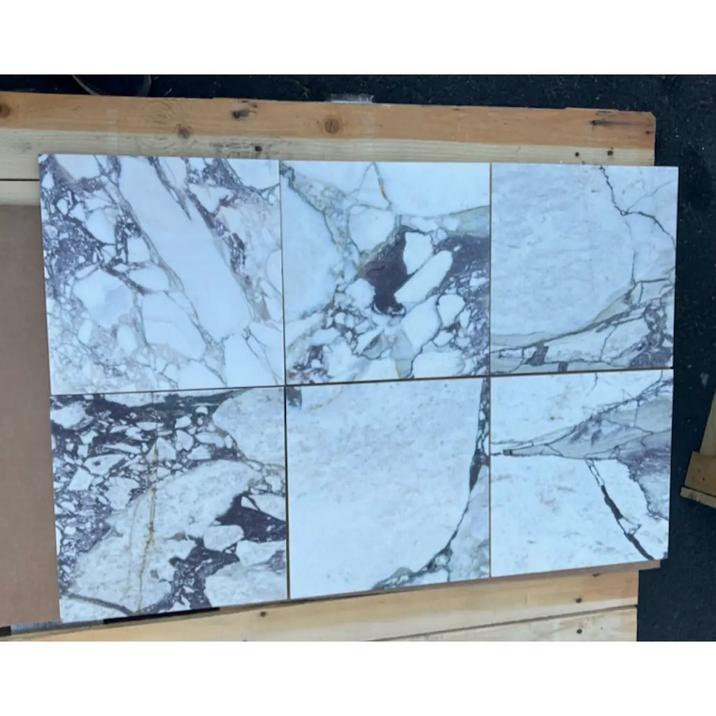 Calacatta Viola Imperiale marble 12x12 polished-honed tiles on wood supports