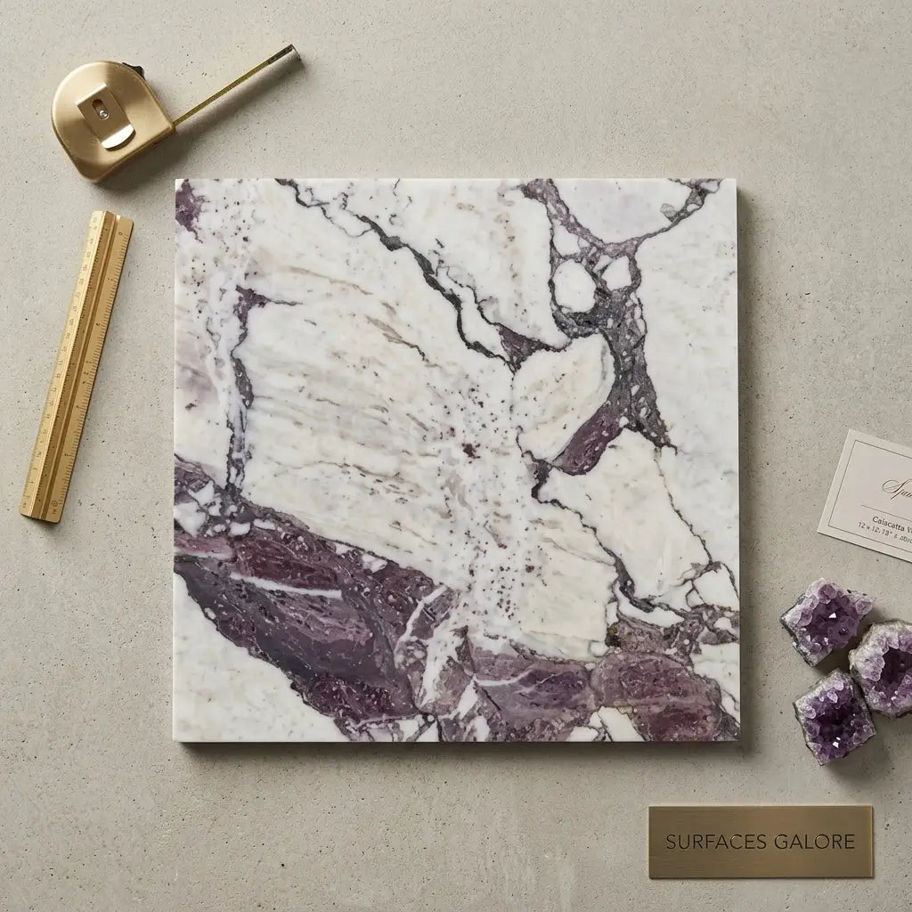 Square 12x12 calacatta viola imperiale marble tile with white base and deep purple swirling veining polished-honed finish