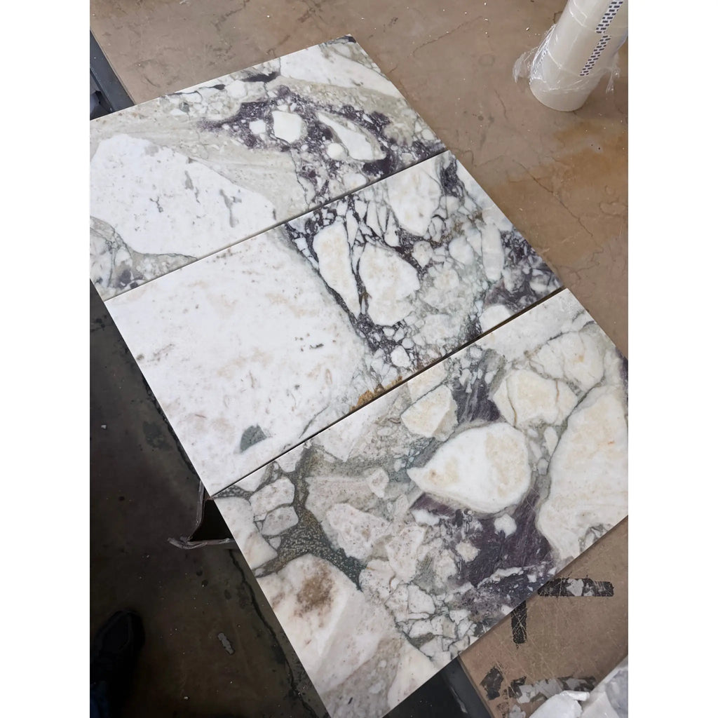 Calacatta Viola Imperiale marble tiles, 12x24 polished-honed, white with black veins