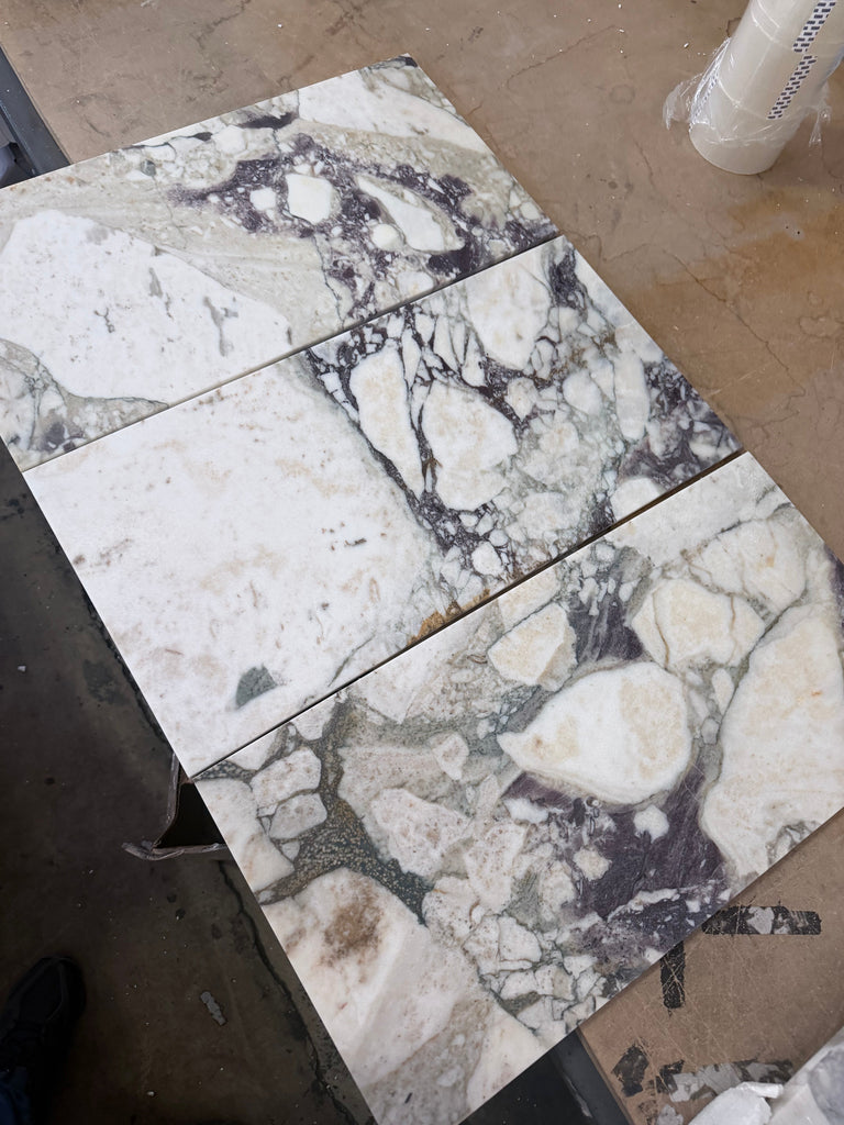 Calacatta Viola Imperiale marble tiles, 12x24 polished-honed, white with black veins