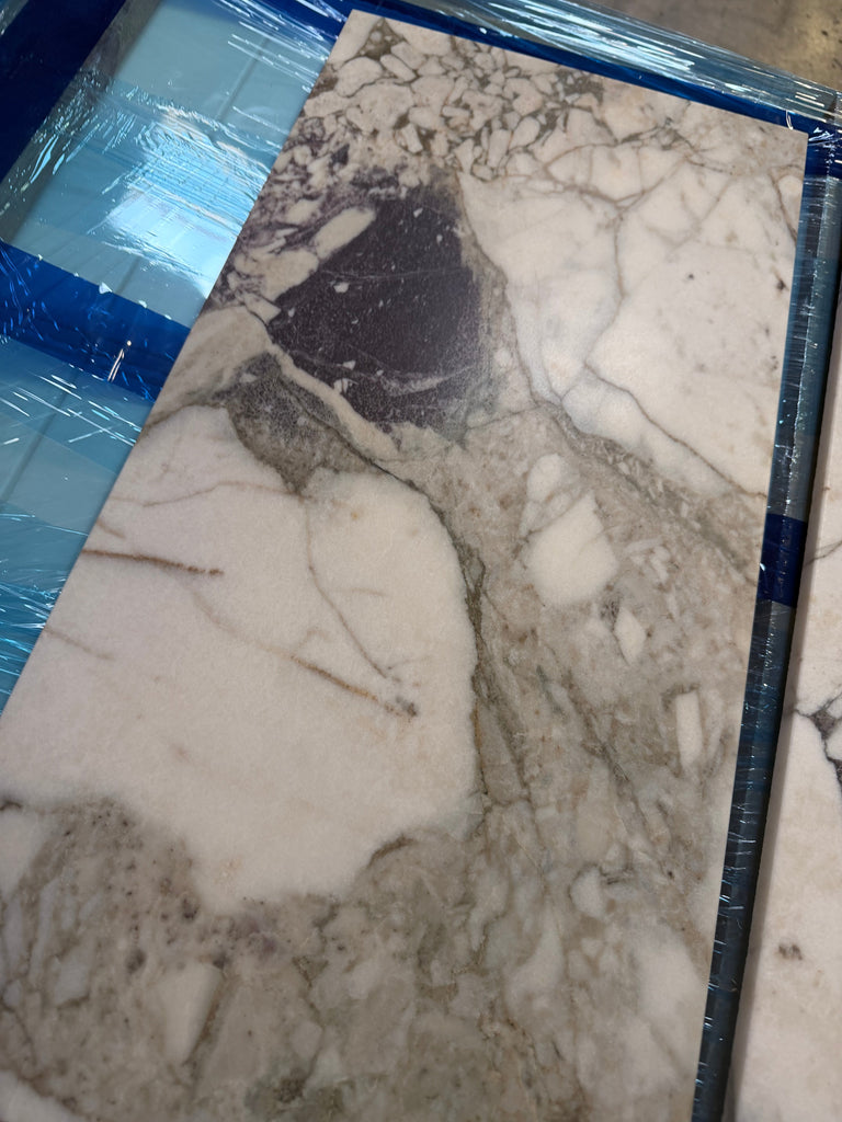Calacatta Viola Imperiale marble slab, 12x24 polished-honed, white with gray veining