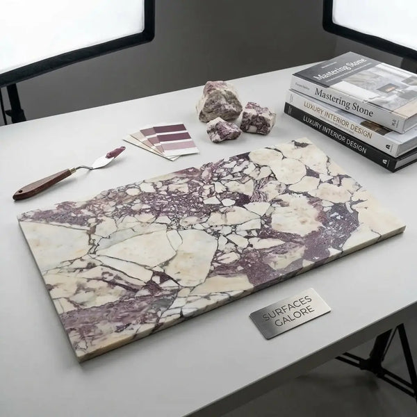 Rectangular slab of Calacatta Viola Imperiale marble with white and purple veining and polished natural stone finish