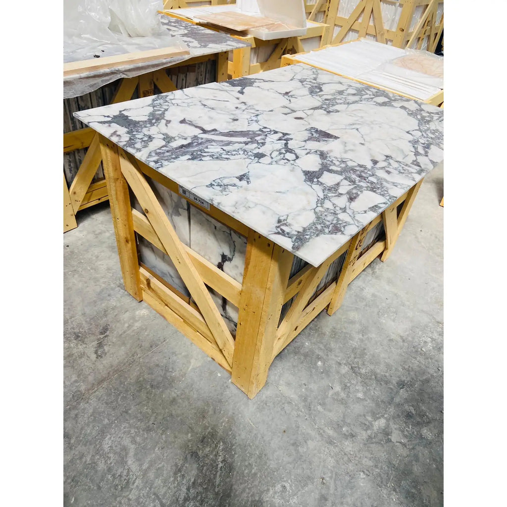Calacatta Viola Imperiale marble slab, 12x24 polished-honed, white with gray veins in wooden crate