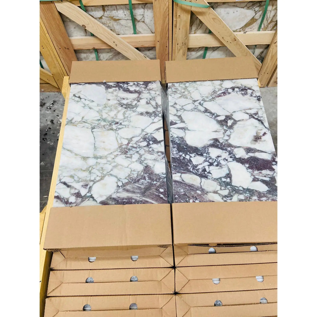 Calacatta Viola Imperiale marble slabs, 12x24 polished-honed, in boxes