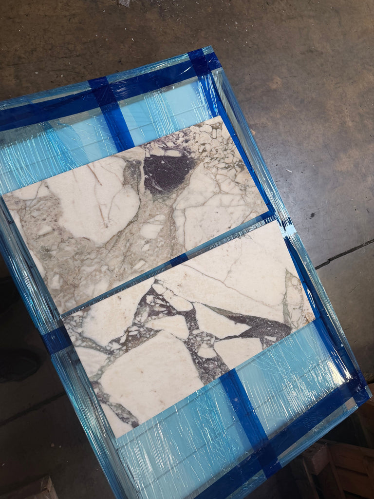 Calacatta Viola Imperiale marble 12x24 polished-honed tiles with veining