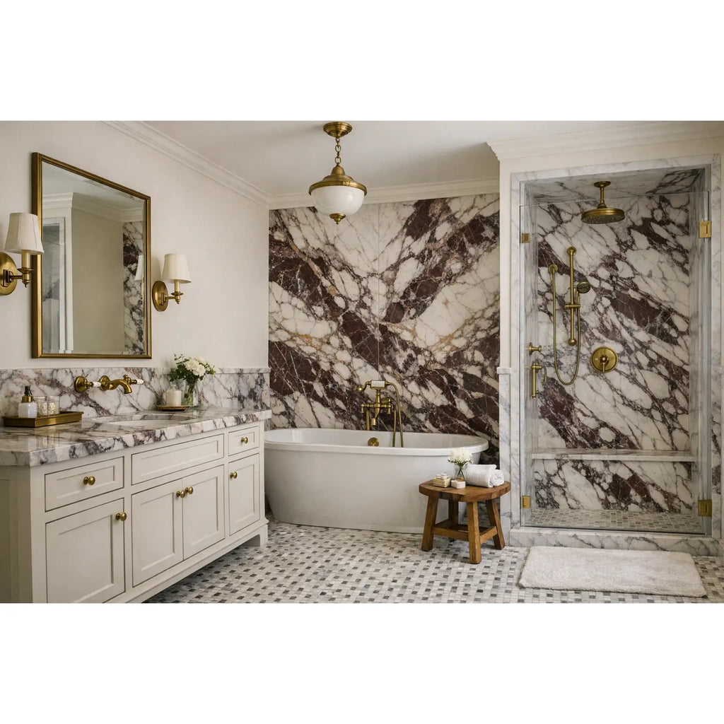 White freestanding bathtub with gold fixtures in Calacatta Viola Imperiale marble