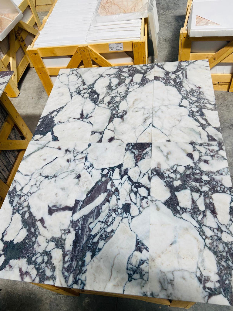 Calacatta Viola Imperiale marble slab, white and black veined pattern, 12x24 polished-honed