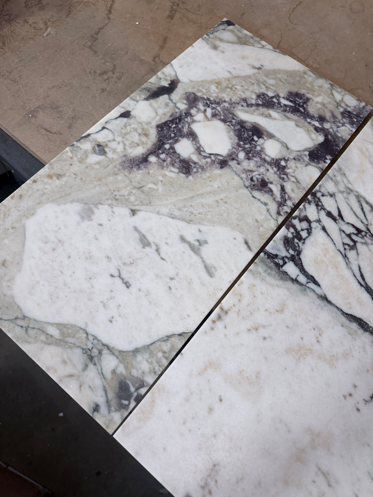 Calacatta Viola Imperiale marble 12x24 polished-honed tile with white gray swirls and black veining