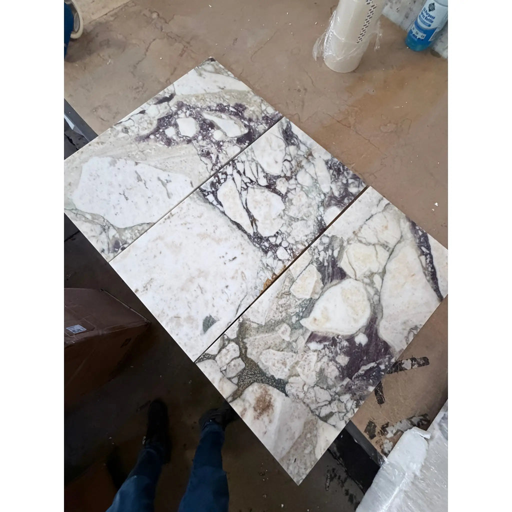 Calacatta Viola Imperiale marble 12x24 polished-honed tiles with white gray veined pattern