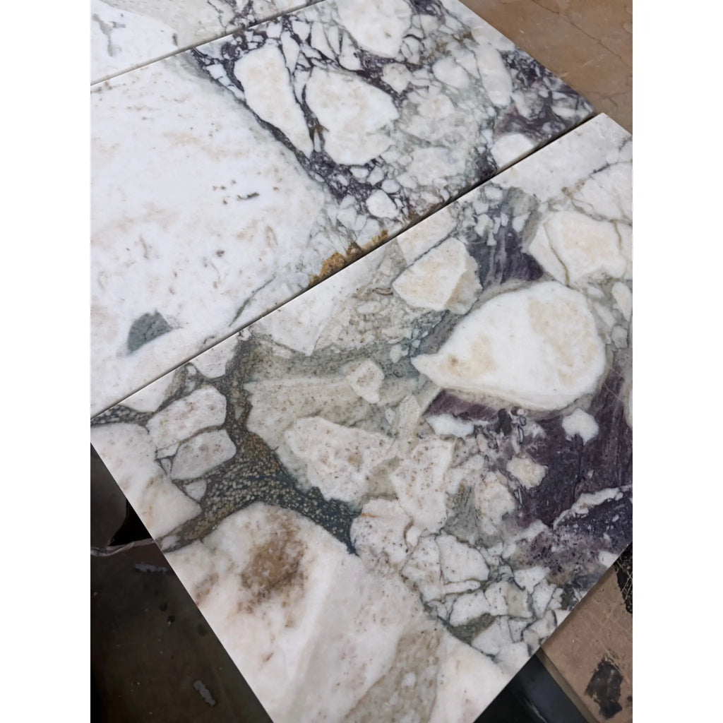 Calacatta Viola Imperiale marble slab, white-gray with intricate veining, 12x24 polished-honed