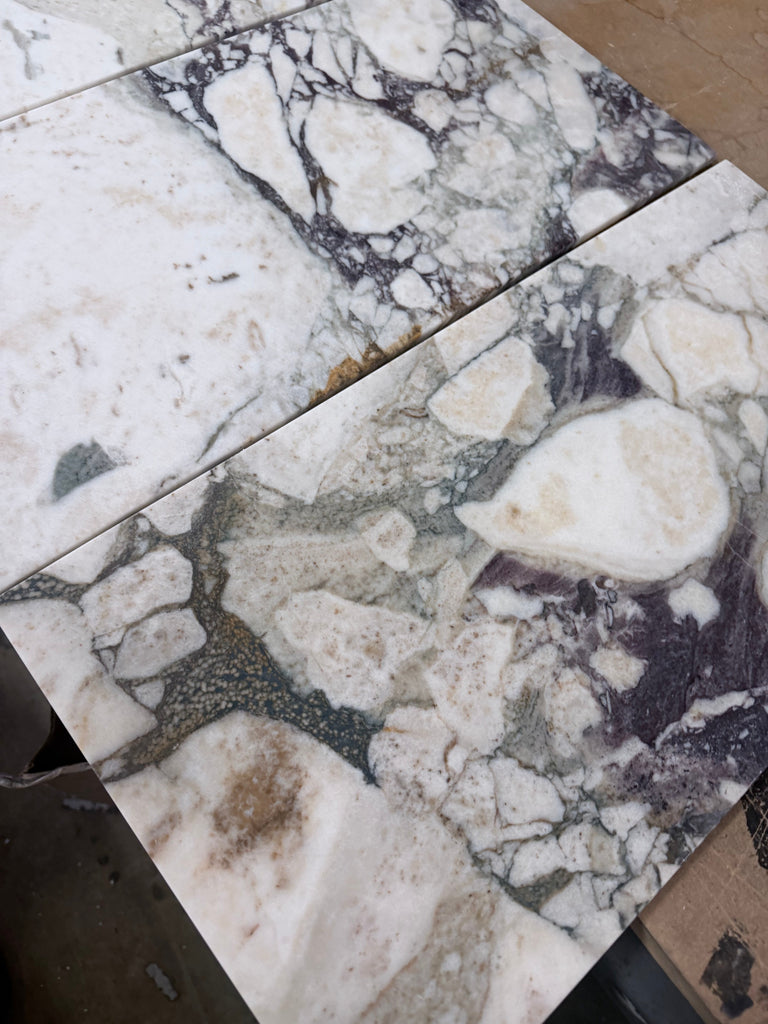 Calacatta Viola Imperiale marble slab, white-gray with intricate veining, 12x24 polished-honed