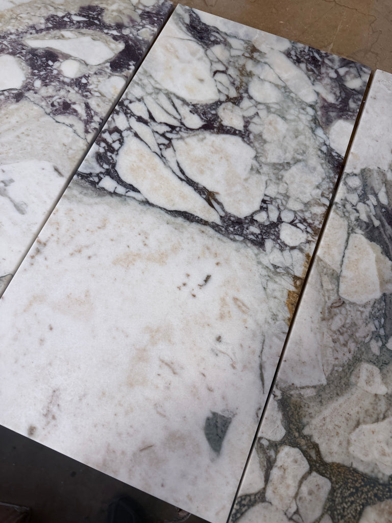 Calacatta Viola Imperiale marble 12x24 polished-honed tiles with white-gray veined patterns