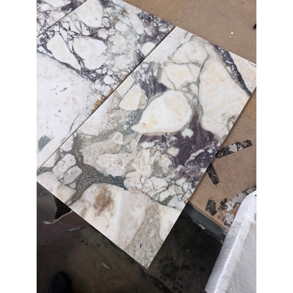 Calacatta Viola Imperiale white gray marble tiles, 12x24 polished-honed veined pattern