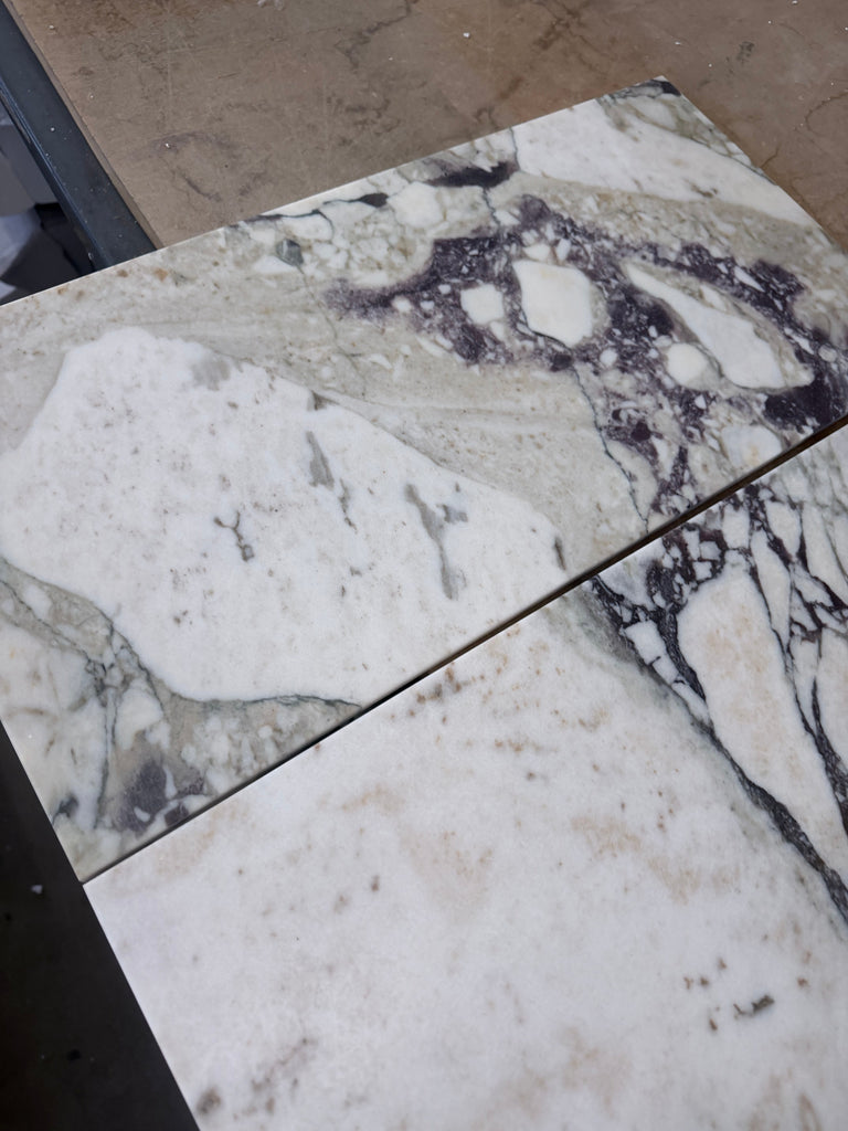 Calacatta Viola Imperiale marble 12x24 polished-honed tiles with white marble and black gray veining