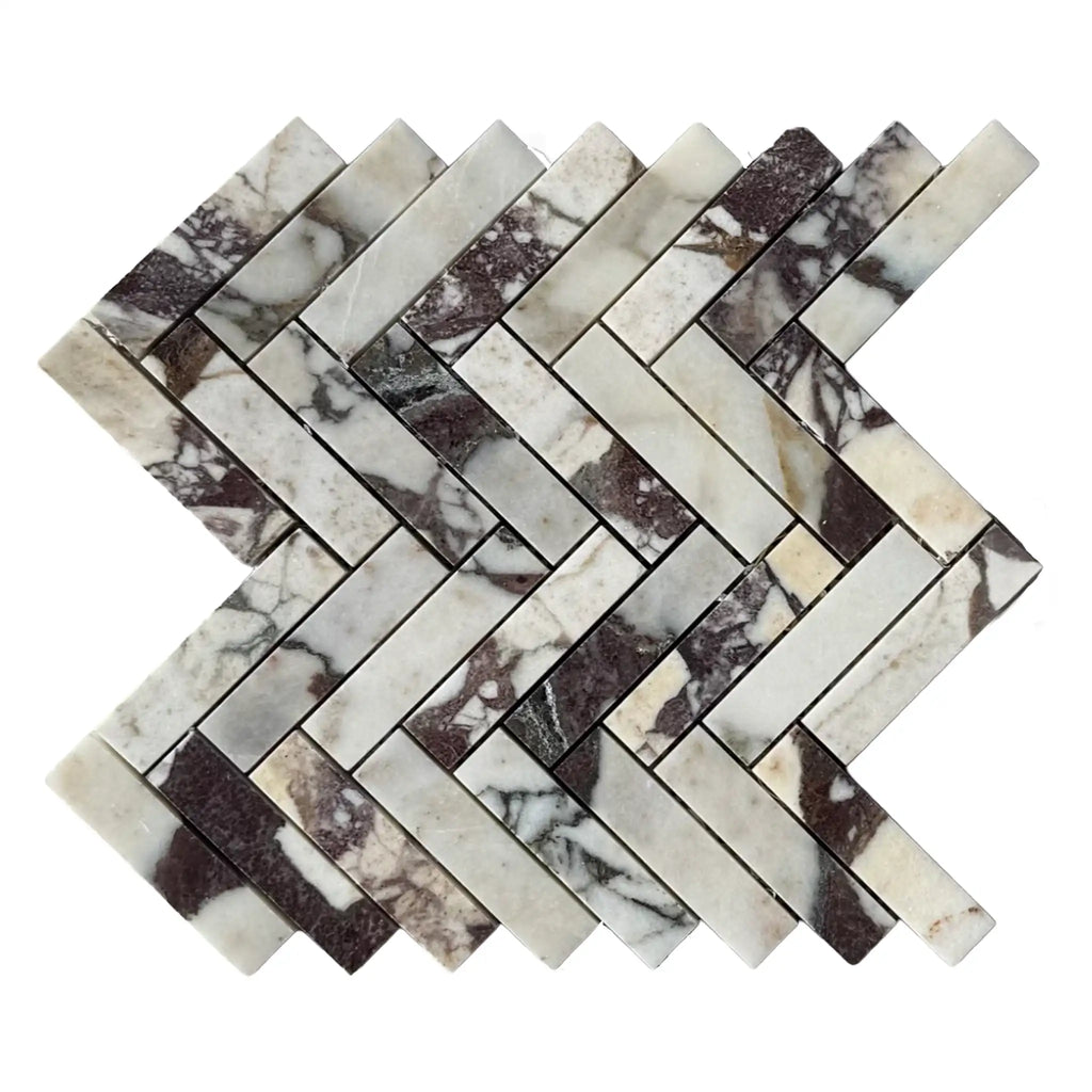 Calacatta Viola Imperiale marble herringbone mosaic tiles, polished-honed