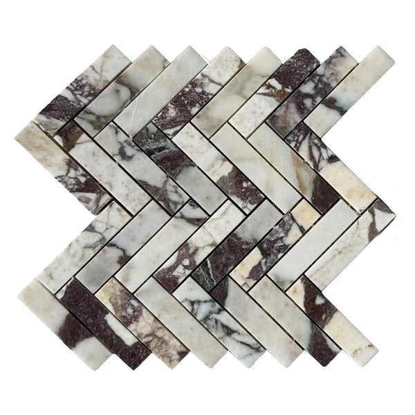 Calacatta Viola Imperiale marble herringbone mosaic tiles, polished-honed