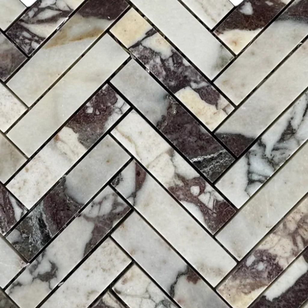 Calacatta Viola Imperiale marble 1x4 herringbone mosaic with polished-honed finish