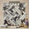 Calacatta viola imperiale marble 1x4 herringbone mosaic polished-honed tiles with white and deep purple veining arranged diagonally